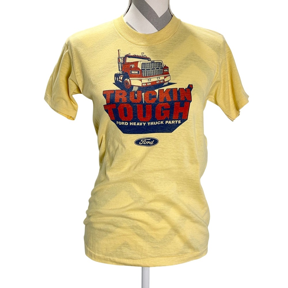 Vintage 80s‎ Ford Truckin' Tough Heavy Truck Semi Yellow Graphic T Shirt Medium